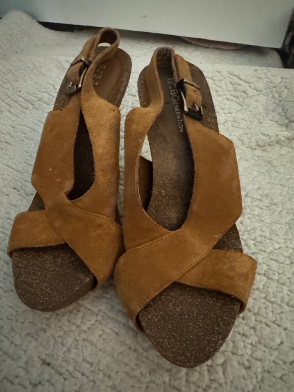 BCBG Cognac Suede Crisscross Slingback Heels